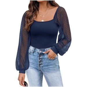 Dorose Womens M Navy Blue Ribbed Scoop Neck Top Sheer Swiss Dot Mesh Long Sleeve